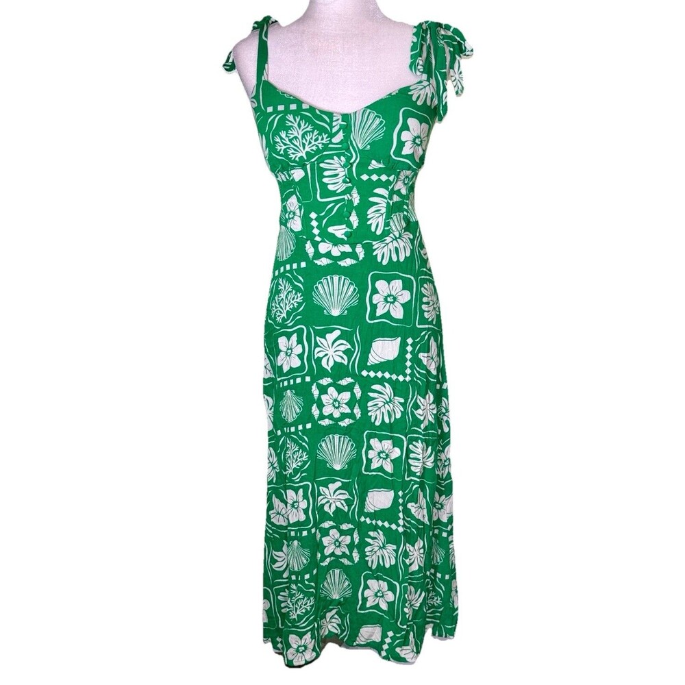 Women Green Tropical‎ Midi Sundress Tie Strap Beach Vacation Coastal Size Medium